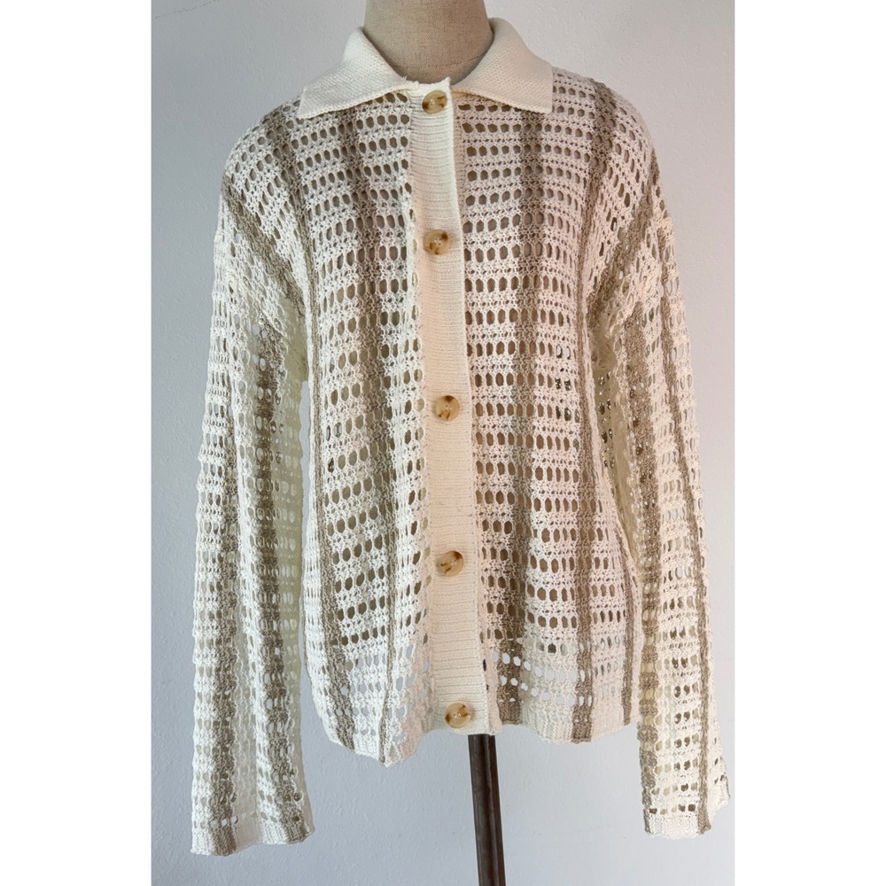 Grey Bandit Ivory Beige Tan Striped Crochet Collared Cardigan Small Boho Cottage